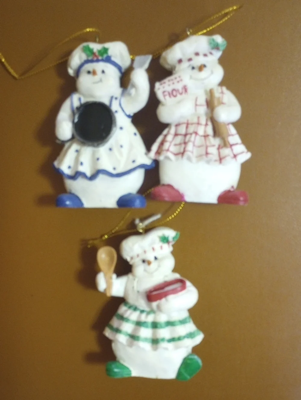 Set of 3 Snowman Chef 3D Christmas Tree Holiday Ornaments. White Red Green Blue